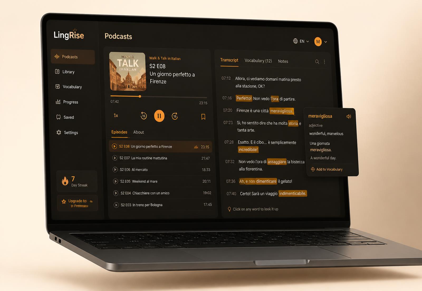 LingRise interface: podcast player with synced transcript and vocabulary card