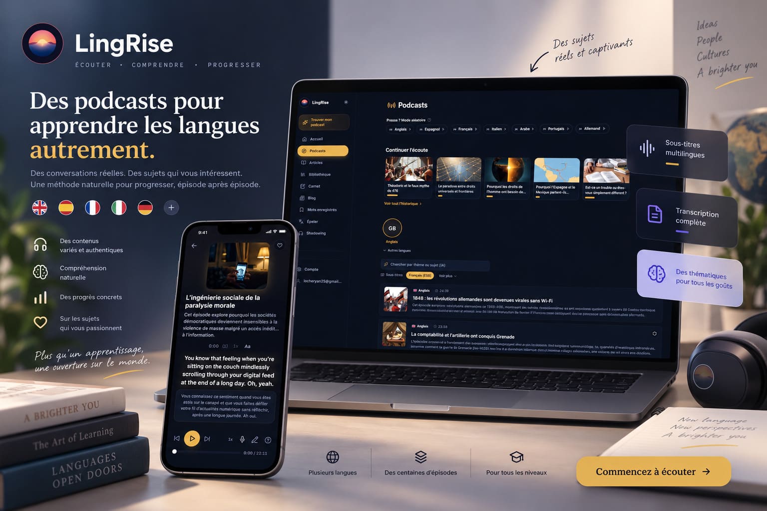 Interface de LingRise : lecteur de podcast avec transcription synchronisée et fiche de vocabulaire